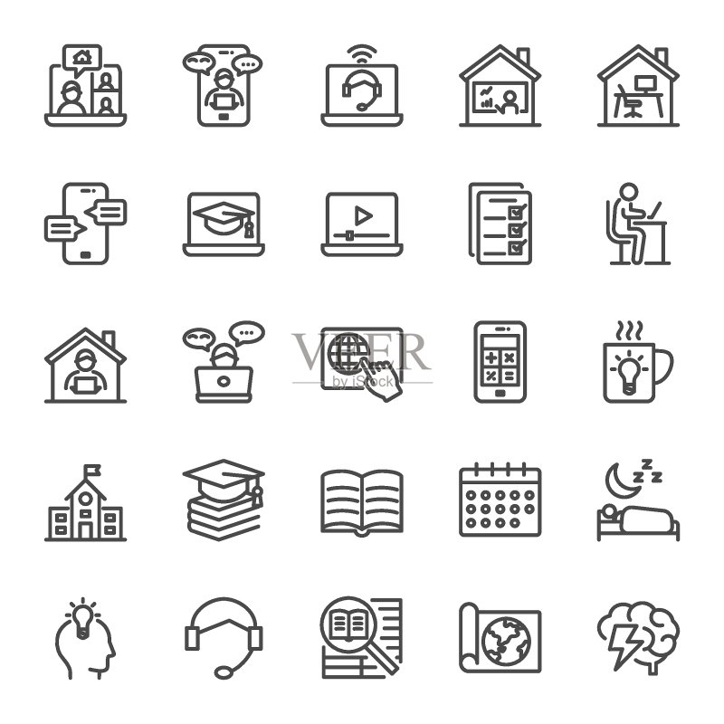 在线教育,E-learning细线图标集。简单的矢量图。图标素材