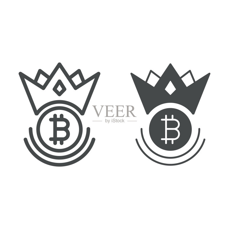 皇冠线条中的比特币标志,加密货币概念,白色背景上的BTC国王矢量符号,用于移动概念和网页设计的轮廓样式图标。矢量图形图标素材