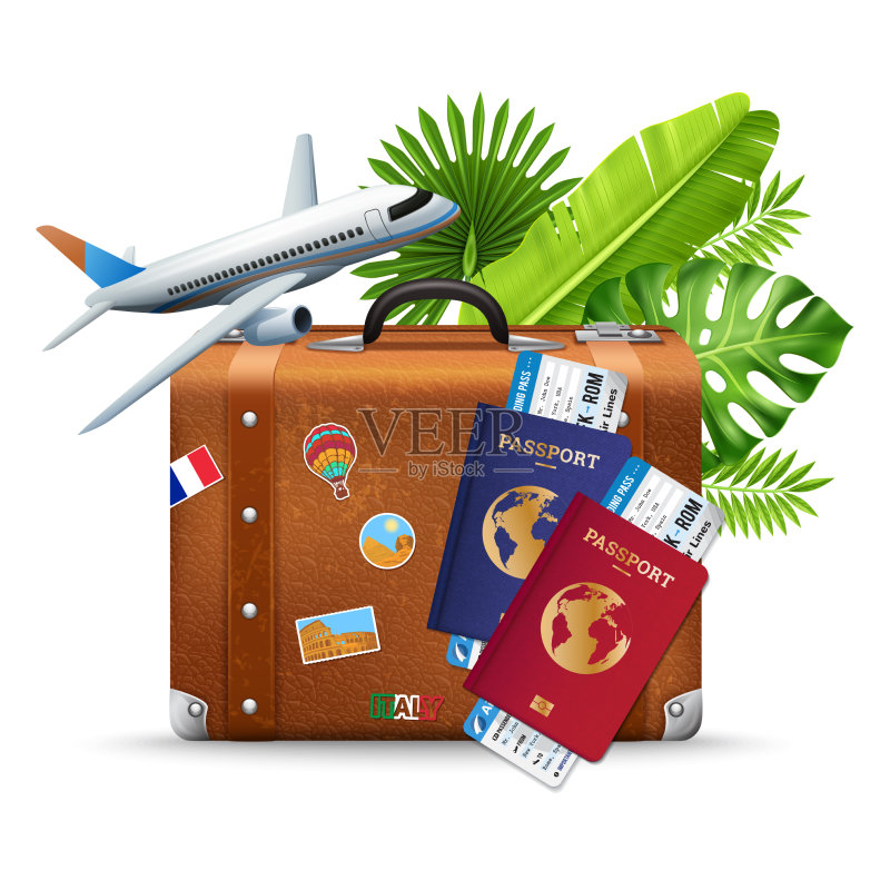 热带度假航空旅行服务组合图标素材