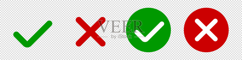 勾选标记图标和X。应用程序或网站的图标。绿色和红色OK和X图标。用于透明背景设计的矢量图标。库存矢量EPS 10图标素材