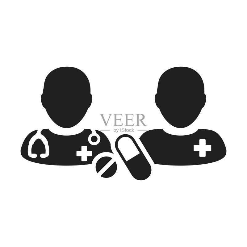 医生与患者图标,包含药丸和平板电脑,用于医疗和咨询的象形图图标素材