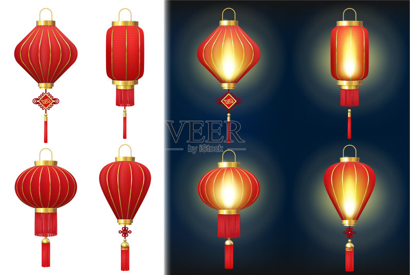 逼真细节3D红色中国灯笼套装图标素材