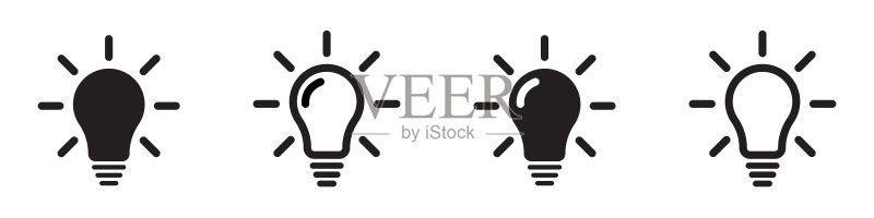 孤立黑色背景上的灯泡矢量图标。灯线图标集。创意灯图标集合。扁平风格 EPS 10图标素材