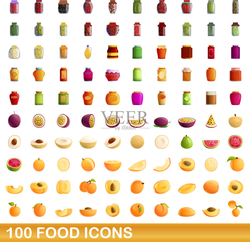 100个食物图标集,卡通风格图标素材