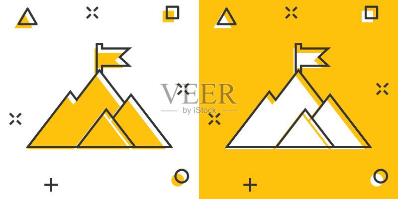 漫画风格的任务冠军图标,山脉卡通矢量插图,白色孤立背景上的领导力飞溅效果商业概念图标素材