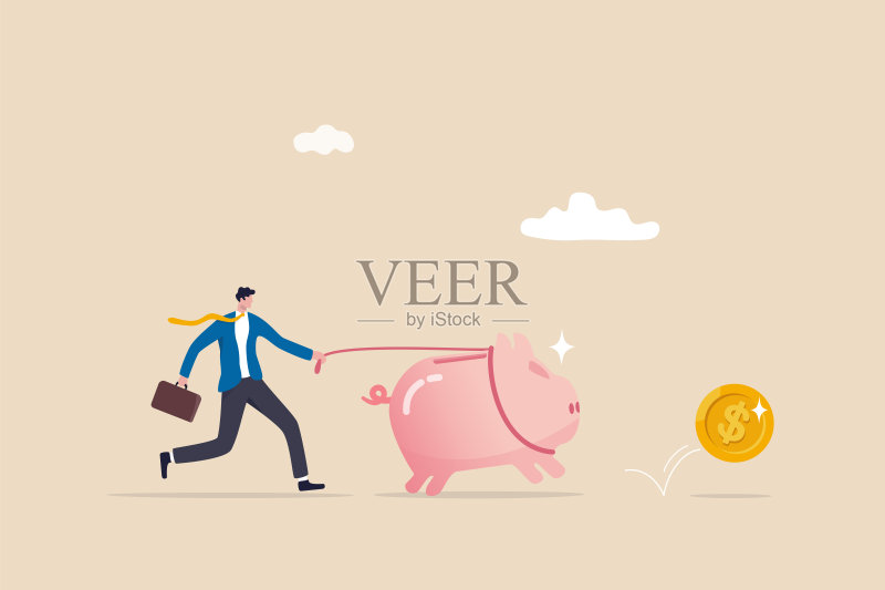 最佳投资:资金为您工作或共同基金回报、储蓄或财富管理,寻找收益概念,商人投资者步行储蓄罐寻找美元货币回报。插画图片素材