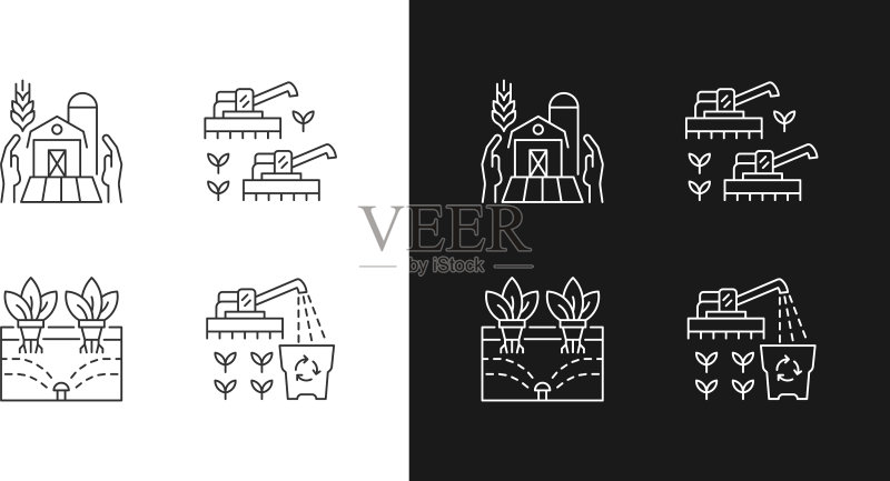 深色和浅色背景下的农场工作线性图标集图标素材