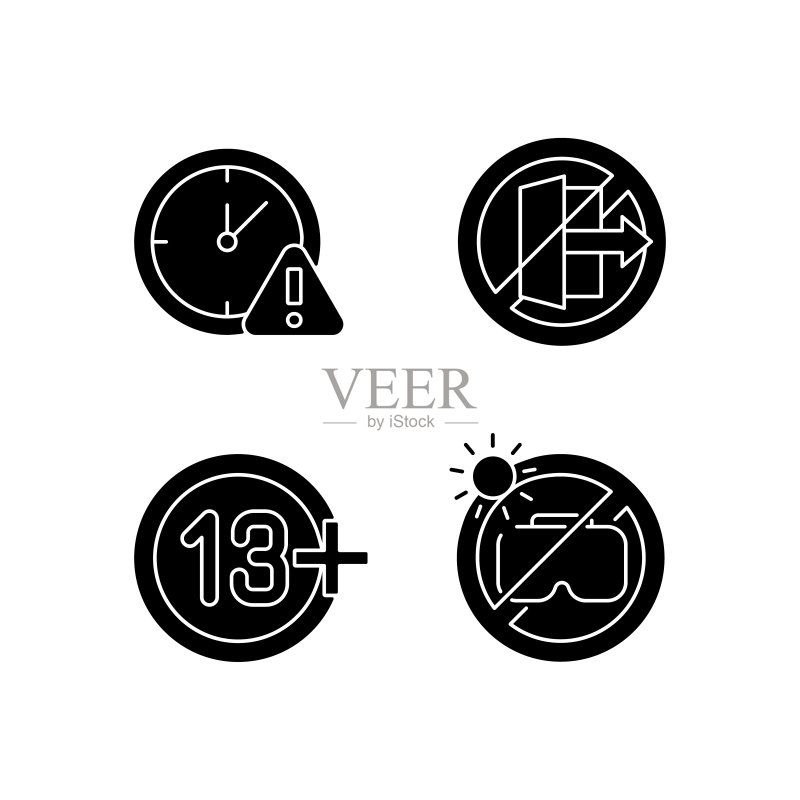 VR头显使用禁令黑色标志手动标签图标在白色空间上的集合图标素材