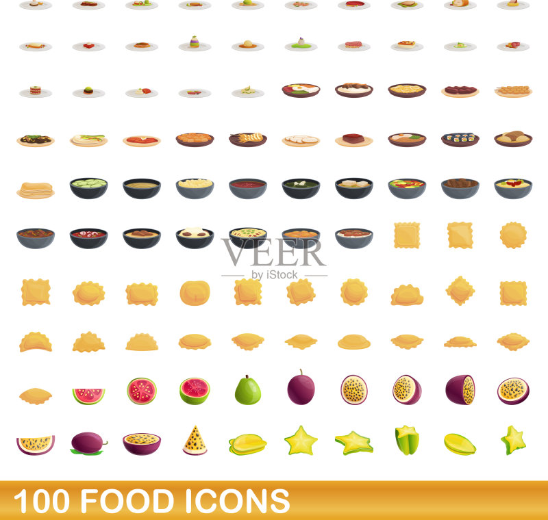 100个食物图标集,卡通风格图标素材