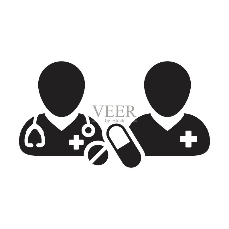 医疗图标医生与患者矢量,带有药丸和片剂,用于字形象形图中的医疗和咨询图标素材