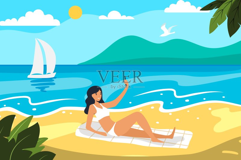 在海滩上日光浴的女孩用手机在海滩上自拍,享受休息。扁平矢量插图,年轻漂亮的女孩在海边,海滩上的山,季节,你好夏天插画图片素材