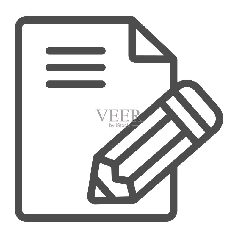 纸张、页面、文本文档和铅笔线条图标,文档概念,白色背景上的办公室文件矢量标志,移动概念和网页设计的轮廓样式图标。矢量图形。图标素材