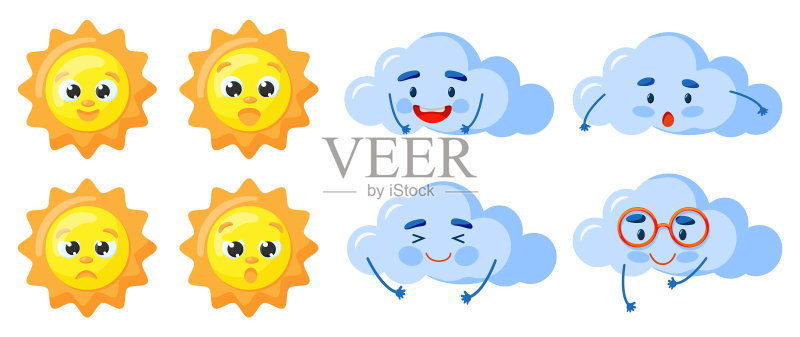 可爱风格的太阳和云朵背景套装图标素材