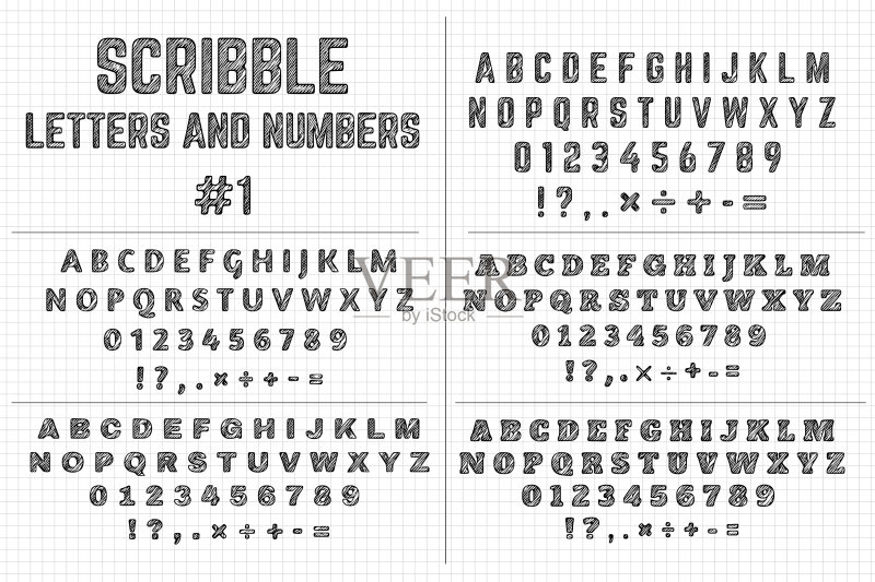涂鸦字母和数字五组图标素材