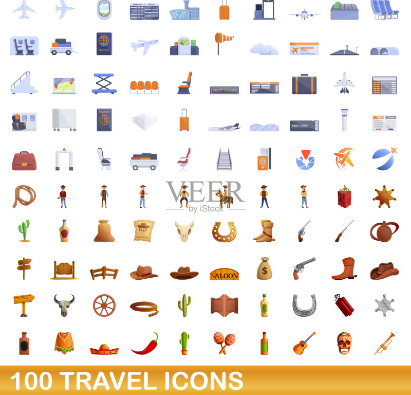 100个卡通风格旅行图标合集图标素材