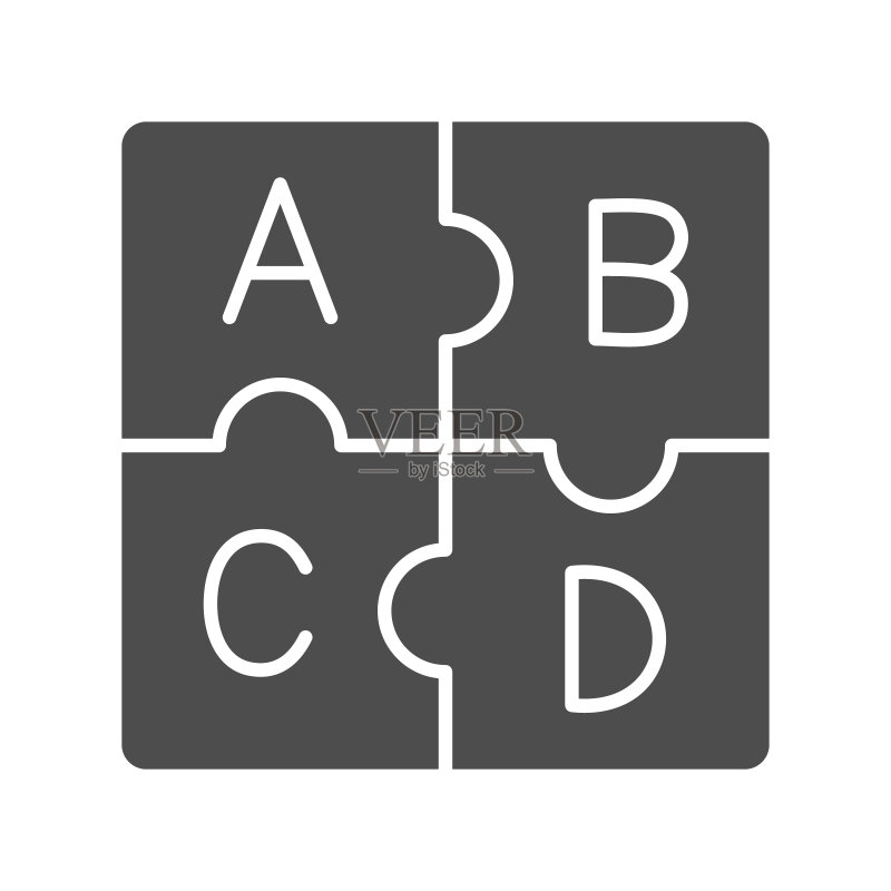 字母abc,拼图字母实体图标,语言学概念,白色背景上的拼图字母矢量标志,用于移动概念和网页设计的字形样式图标。矢量图形。图标素材