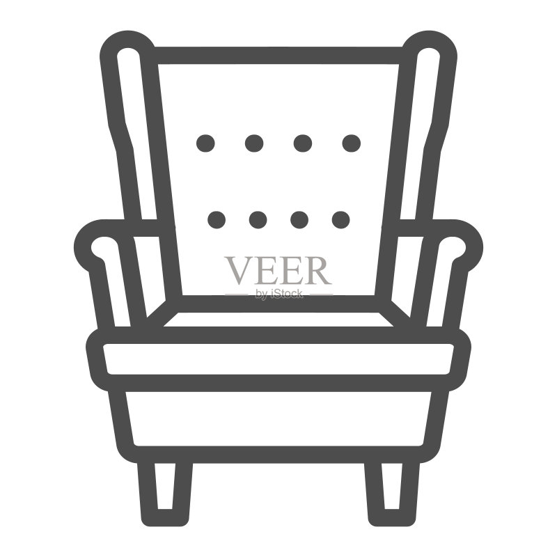 扶手椅线条图标,室内设计概念,带侧面支撑的扶手椅矢量标志,白色背景上的移动概念和网页设计轮廓样式图标。矢量图形。图标素材