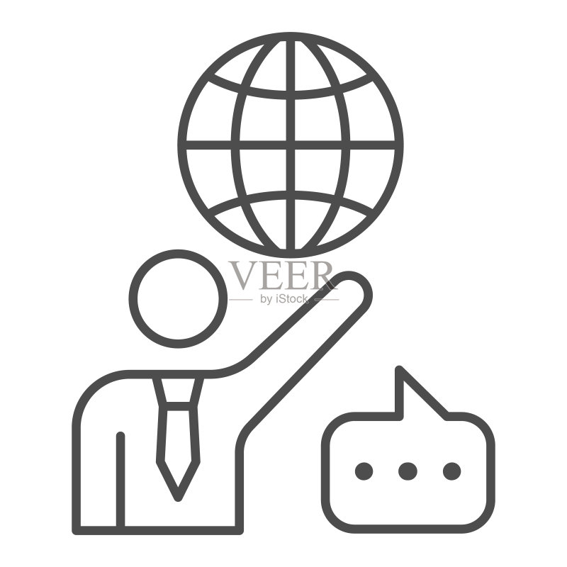 男子、地球和语音气泡,教师线性图标,交流概念,白色背景上的国际矢量标志,用于移动概念和网页设计的轮廓样式图标。矢量图形图标素材