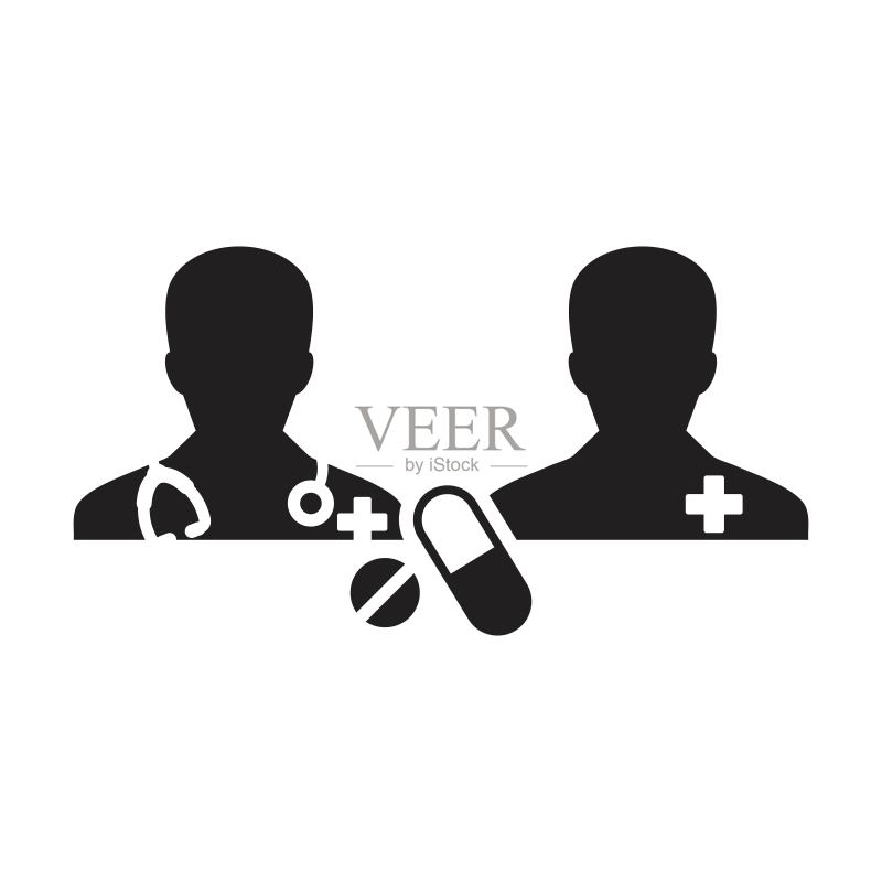 医疗图标医生与患者矢量,带有药丸和片剂,用于字形象形图中的医疗和咨询图标素材