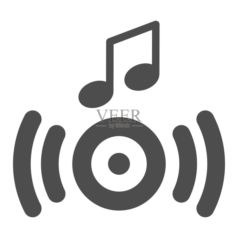 扬声器音乐音波音符图标,声音概念,白色背景的扬声器矢量标志,移动概念和网页设计的字形风格图标。矢量图形。图标素材