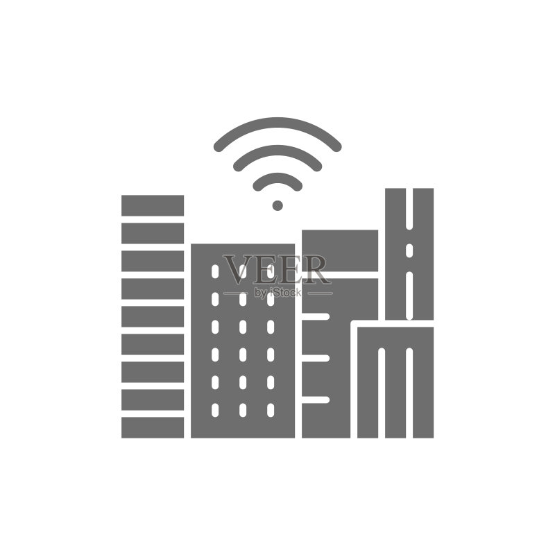 具有Wi-Fi区域技术的智慧城镇灰色城市图标素材