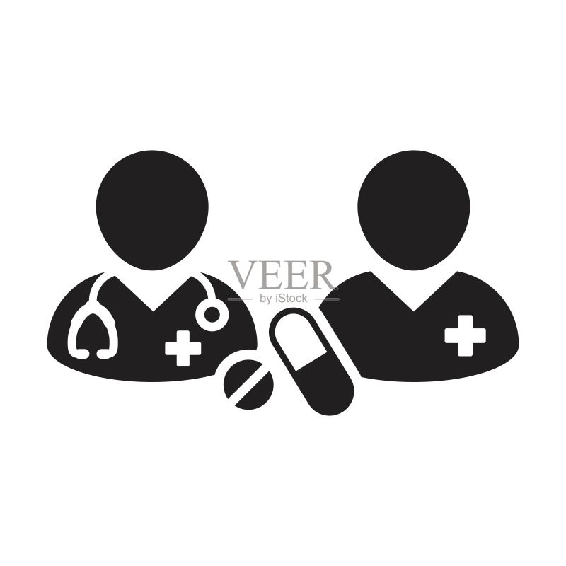 医生与患者图标,包含药丸和平板电脑,用于医疗和咨询的象形图图标素材