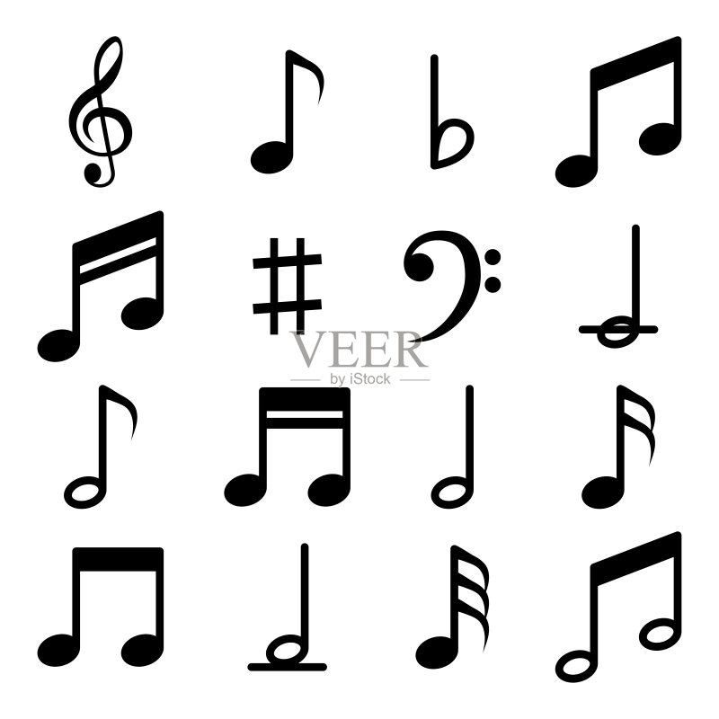 音符图标集:用于音乐App和网站的音符、歌曲、旋律或曲调扁平矢量图标图标素材