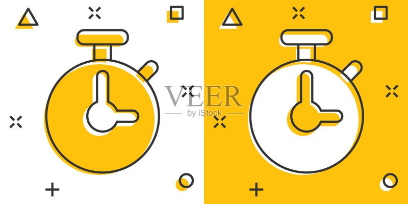 时钟图标在漫画风格。在白色孤立的背景上观看卡通矢量插图。定时器飞溅效果的经营理念。图标素材