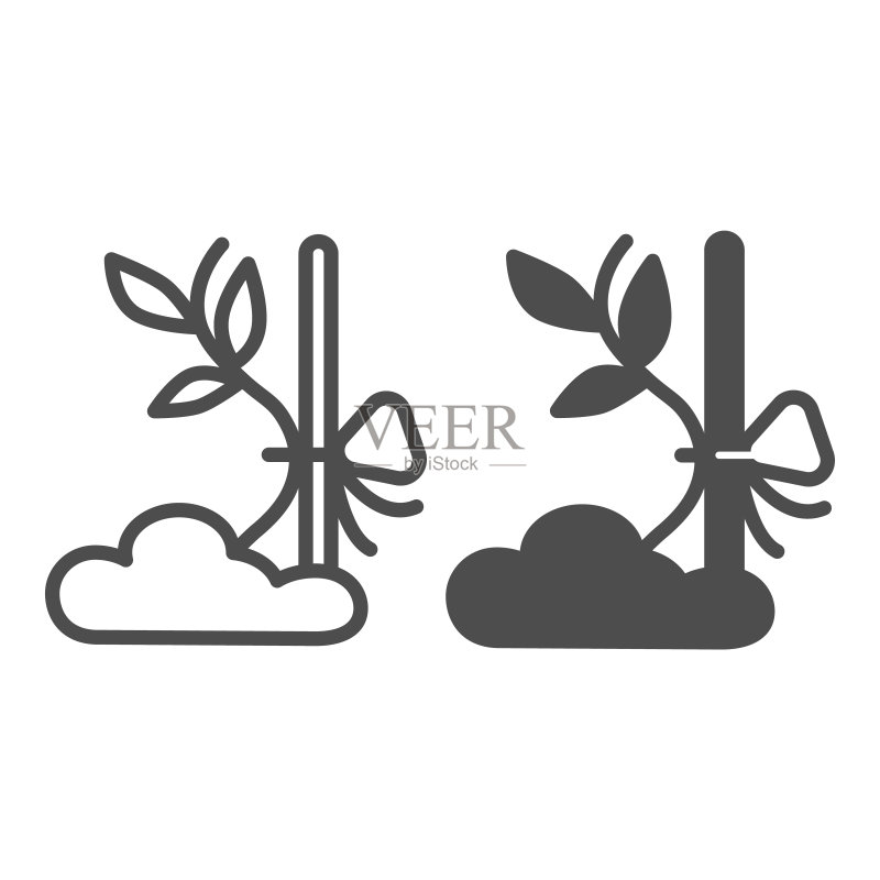 用绳子绑在支撑线上的树苗和实心图标,园艺概念,植物绑在白色背景的棍子矢量标志上,移动概念和网页设计的轮廓样式图标。矢量图形图标素材
