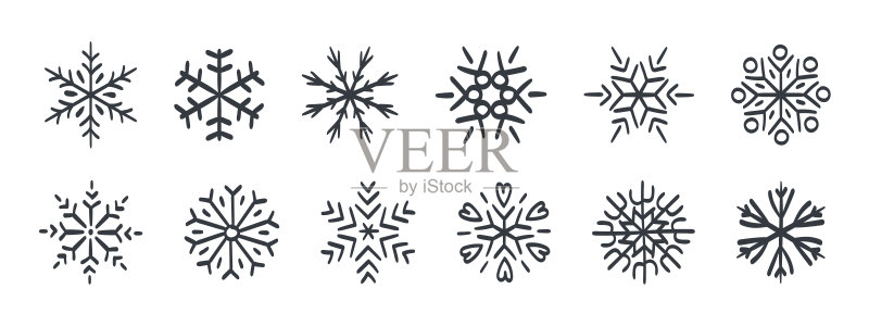 雪花手绘雪花不同风格和形状的雪花图标矢量插画图标素材