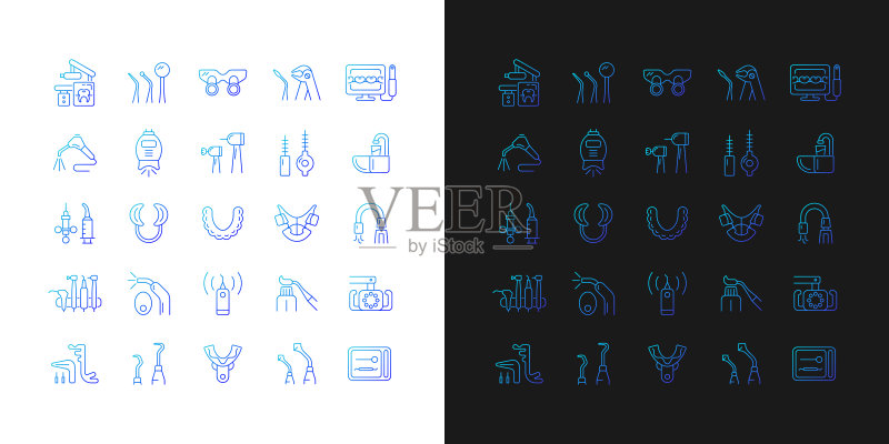 深色和浅色模式的牙科工具和材料渐变图标集图标素材