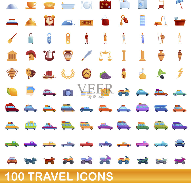 100个卡通风格旅行图标合集图标素材