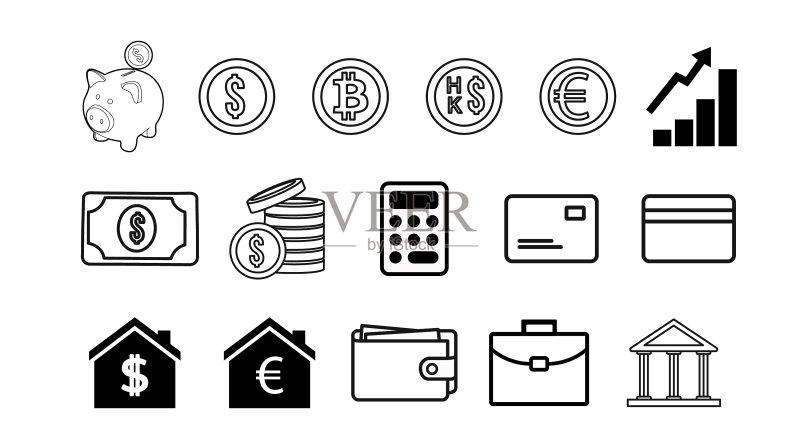 货币图标和金融图标集图标素材