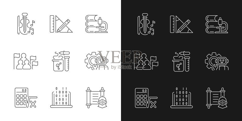 深色和浅色模式下不同类型的学校科目线性图标集图标素材