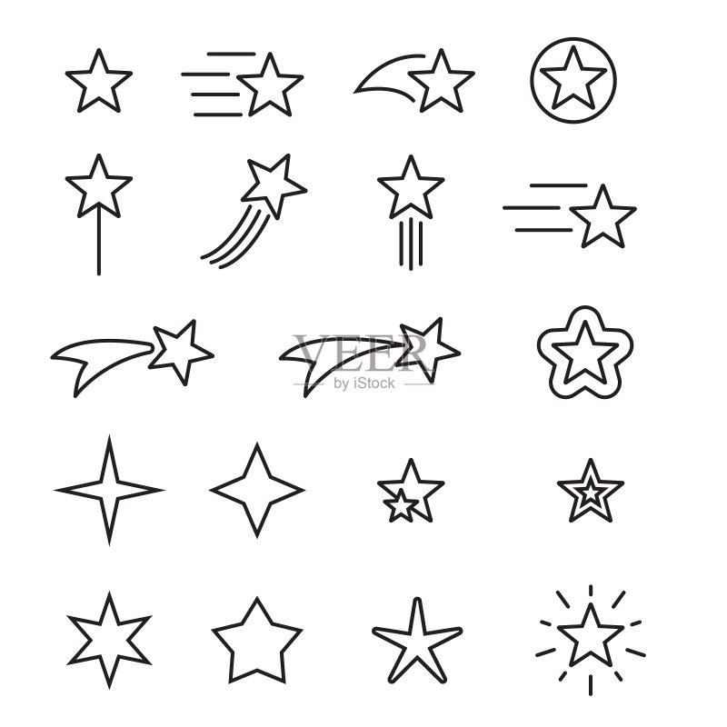 星星线条图标高级套装。简约象形图包。白色背景上的描边矢量图。现代轮廓风格图标合集图标素材