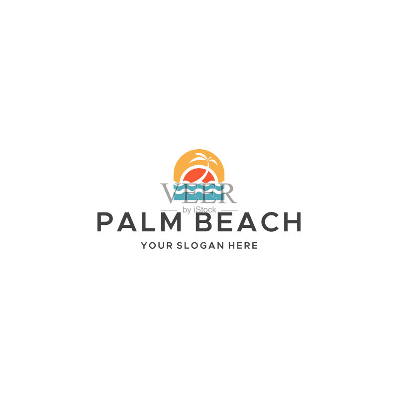现代棕榈滩波浪树木日落Logo设计图标素材