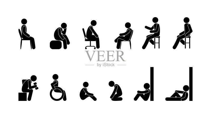 男人坐在椅子上和地板上,坐着的人图标,火柴人象形图,人类轮廓图标素材