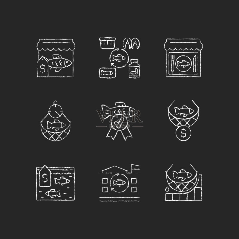 深色背景上的商业渔业粉笔白色图标图标素材