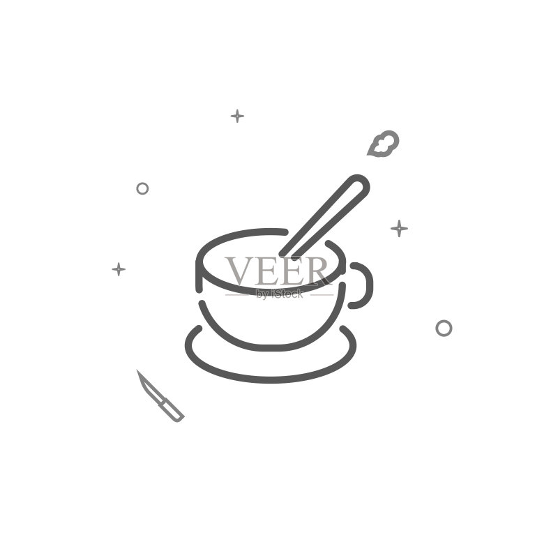 杯子、茶托和勺子简约矢量线条图标。厨房用品相关标志,白色背景隔离,可编辑描边图标素材