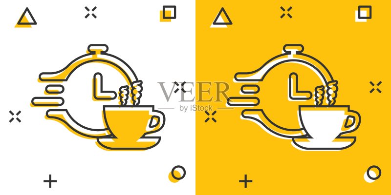 漫画风格的咖啡休息图标。白色孤立背景上的茶杯卡通矢量插图时钟。早餐时间飞溅效果业务概念。图标素材