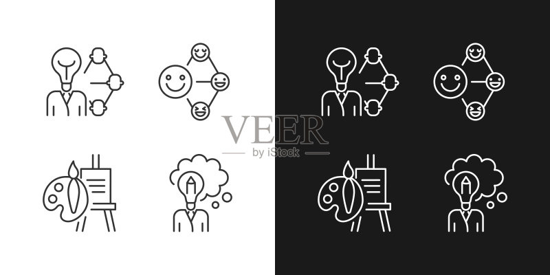 深色和浅色模式的创意专业人才线性图标集图标素材