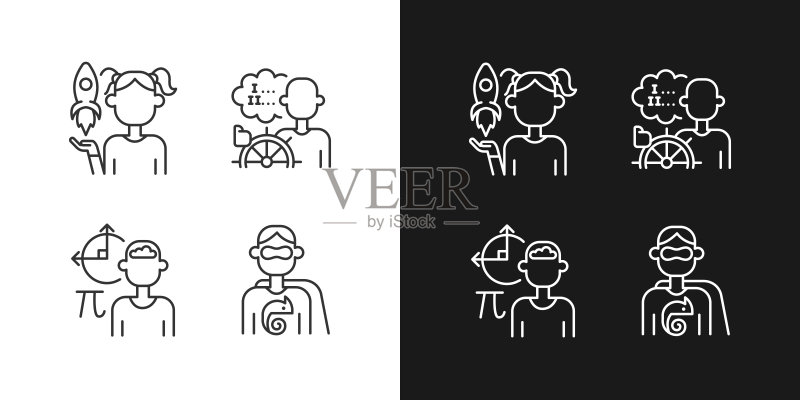 深色和浅色模式下的儿童天赋线性图标集图标素材