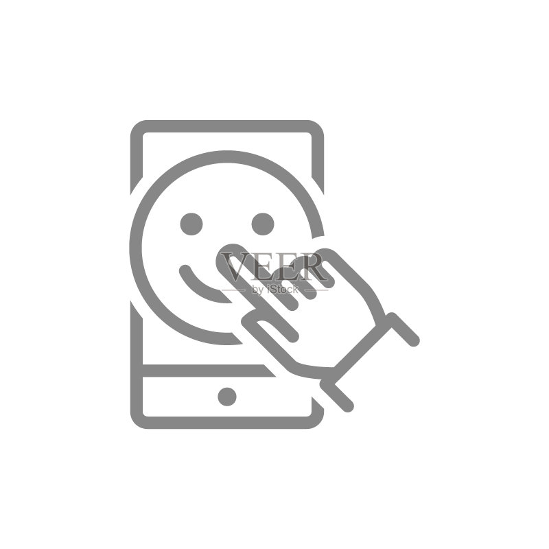 带有笑脸和手势光标的智能手机线性图标:客户满意度,积极评价图标素材