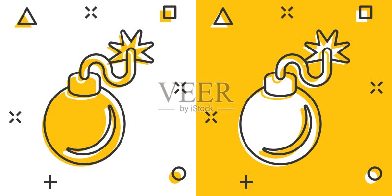漫画风格炸弹图标。白色孤立背景上的炸药卡通矢量插图。C4炸药飞溅效果商业概念图标素材