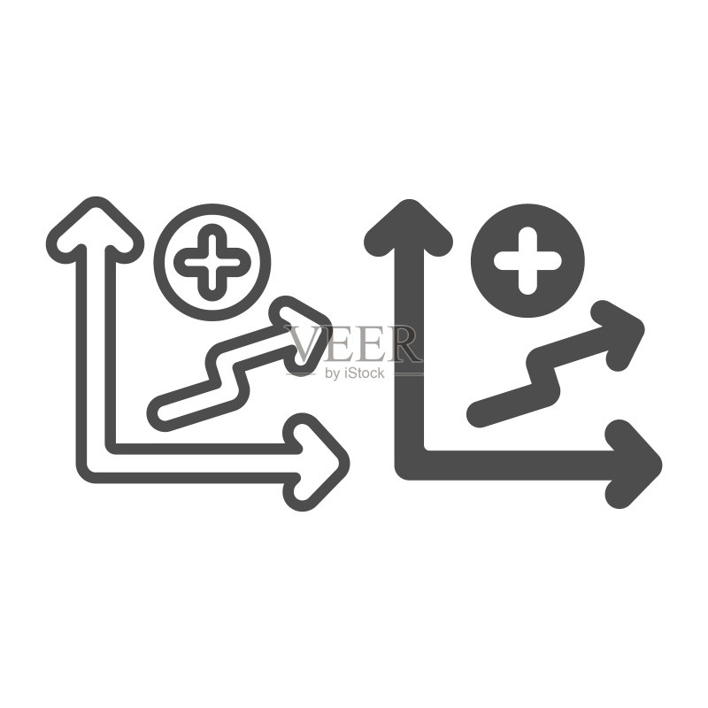 带有向上弯曲箭头和加号线及实心图标的图表,图表概念,白色背景上的增长图矢量标志,移动概念和网页设计的轮廓样式图标,矢量图形图标素材