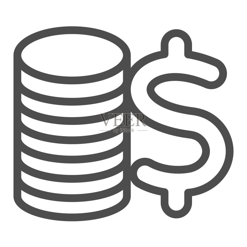 硬币、筹码、代币和美元符号线性图标,货币概念,堆叠硬币矢量符号图标素材