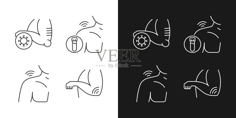 深色和浅色模式下的肩部和肘部疼痛线性图标集图标素材