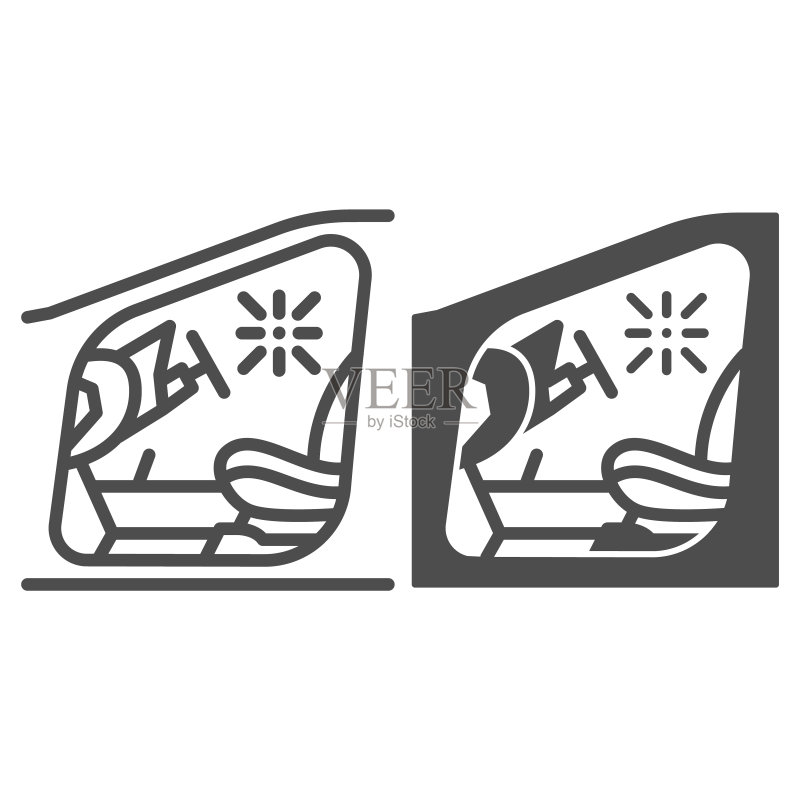 汽车内饰化学清洁线条和实体图标,干洗概念,白色背景上的汽车座舱清洗矢量标志,移动概念和网页设计的轮廓样式图标。矢量图形。图标素材
