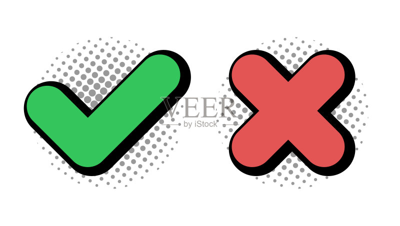行为规范图标:带阴影和半色调的矢量元素,绿色对号和红色叉号图标素材