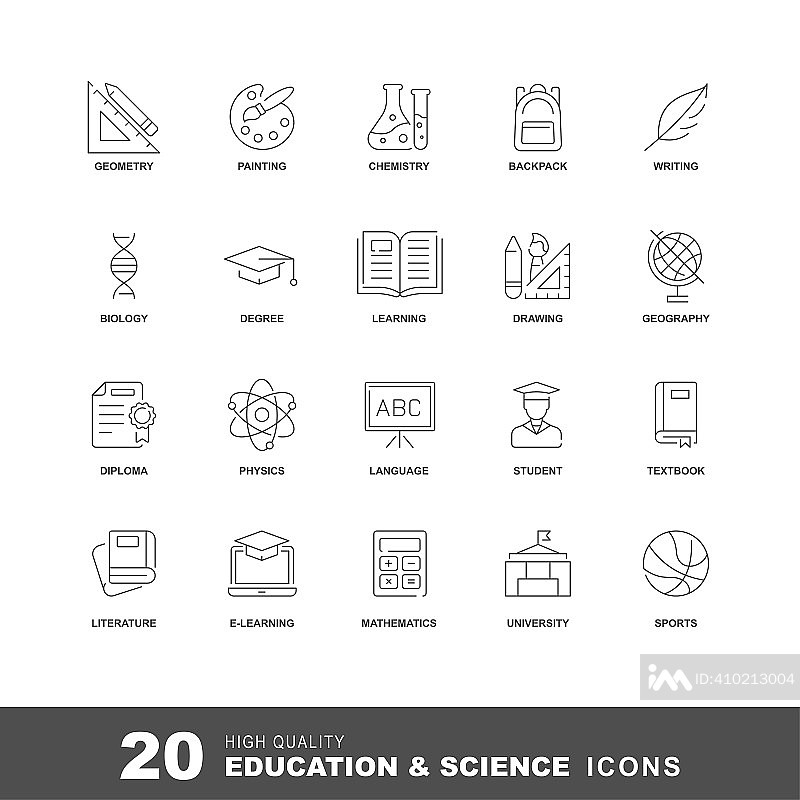 教育线性图标。具有可编辑笔画的矢量在线学习和学校图标集图标素材